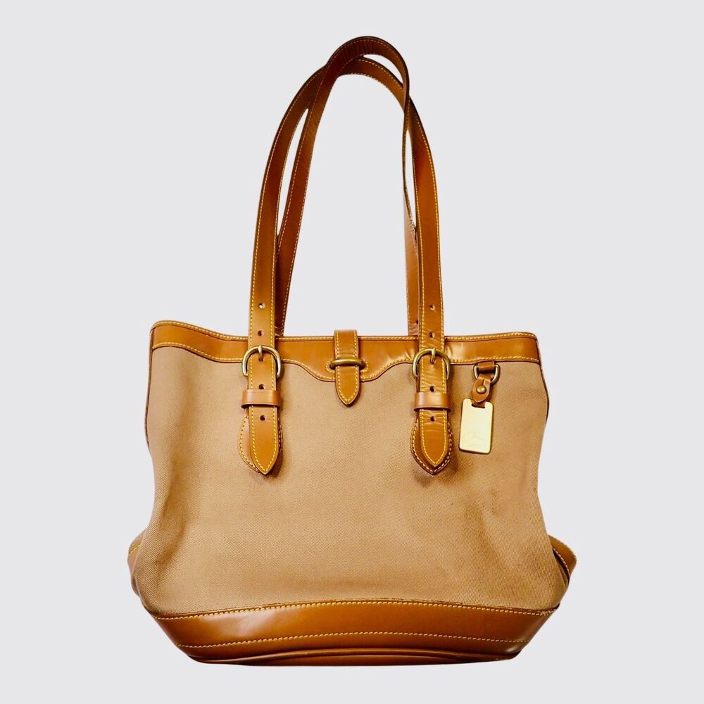 VTG Dooney & Bourke Tan Cabriolet Canvas Tote Women's Handbag Gold Hardware
